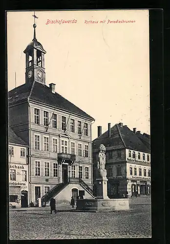 AK Bischofswerda, Rathaus mit Paradiesbrunnen