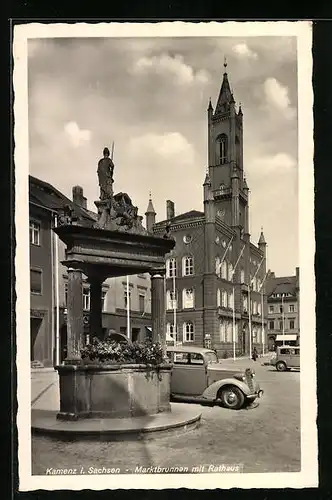 AK Kamenz i. Sa., Marktbrunnen mit Rathaus