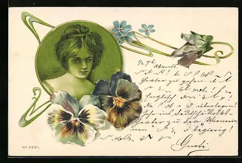 Präge-AK Frauenportrait, Blumen und Ornamente, Jugendstil