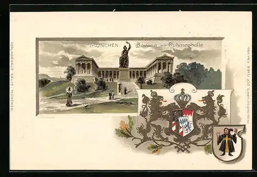 Passepartout-Lithographie München, Bavaria mit Ruhmeshalle, Wappen, Münchener Kindl