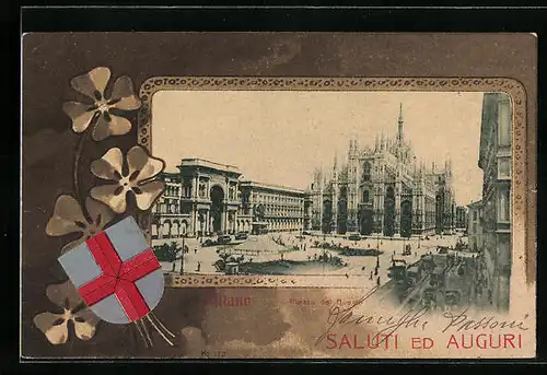 Passepartout-Lithographie Mailand, Piazza del Duomo, Wappen, Glücksklee