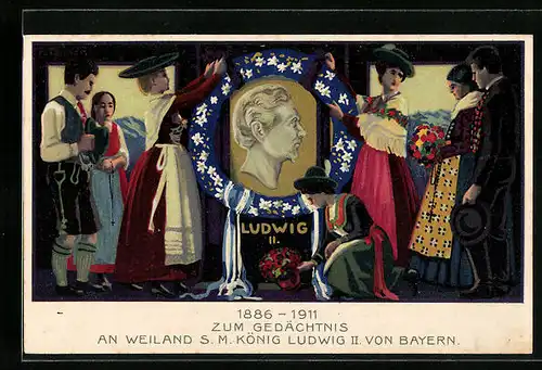 Künstler-AK Bayerische Bürger schmücken ein Portrait von Ludwig II., Ganzsache