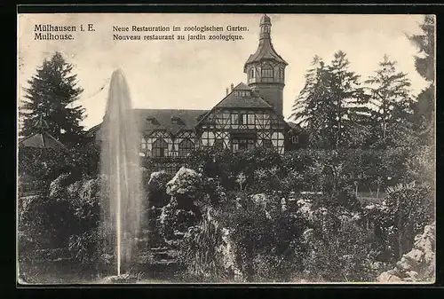 AK Mülhausen i. E., Neue Restauration und Springbrunnen im Zoologischen Garten