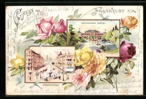 Passepartout-Lithographie Frankfurt a. M., Kaiserstrasse und Zoologischer Garten, Rosen