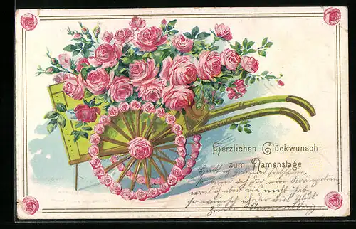 Präge-AK Glückwunsch zum Namenstag, Blumenbild