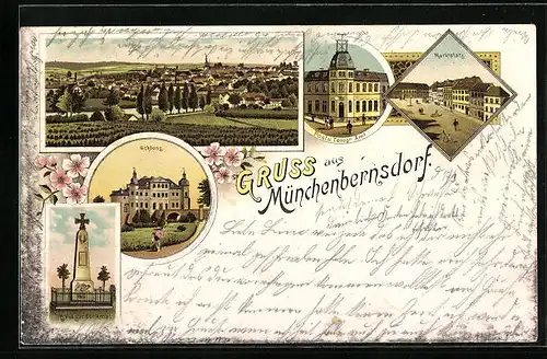 Lithographie Münchenbernsdorf, Marktplatz, Schloss, Post und Telegrafenamt