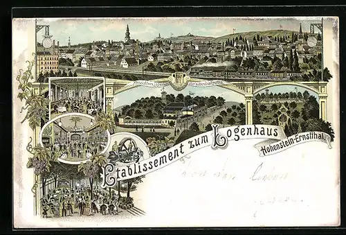 Lithographie Hohenstein-Ernstthal, Etablissement zum Logenhaus, Panorama