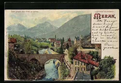 Lithographie Meran, An der Gilfpromenade, Halt gegen das Licht: Vollmond