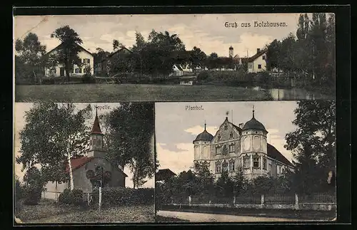 AK Holzhausen, Ortspanorama, Kapelle und Pfarrhof