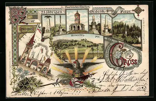 Lithographie Saarbrücken-St. Johann, Festpostkarte zur 25jährigen Gedenkfeier 1870-1895 - Denkmäler, Spichererberg