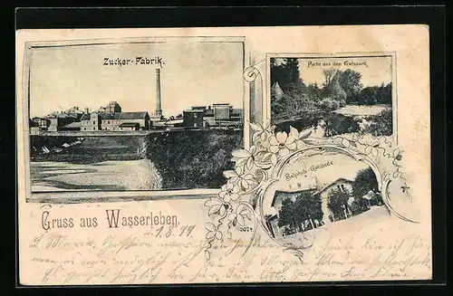 Passepartout-AK Wasserleben, Zucker-Fabrik, Partie aus dem Gutspark, Bahnhof