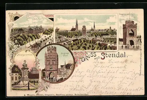 Lithographie Stendal, Teilansicht, Bahnhof, Tangermünder und Uenglinger Thor