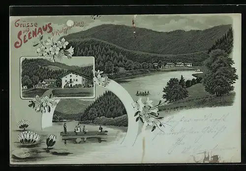 Mondschein-Lithographie Ruhpolding, Gasthaus zum Seehaus mit Umgebung, Seepartie