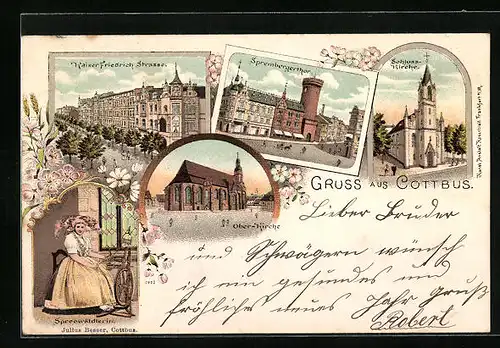 Lithographie Cottbus, Spreewälderin, Sprembergerthor, Kaiser Friedrich-Strasse