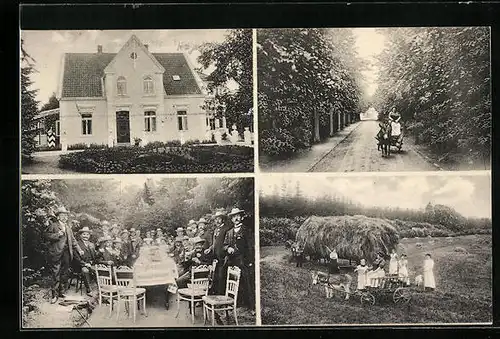 AK Bad Bramstedt, Gasthaus Tannhof, Garten, Frau mit Eselsgespann