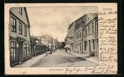 AK Itzehoe, Strasse Feldschmiede mit Geschäft