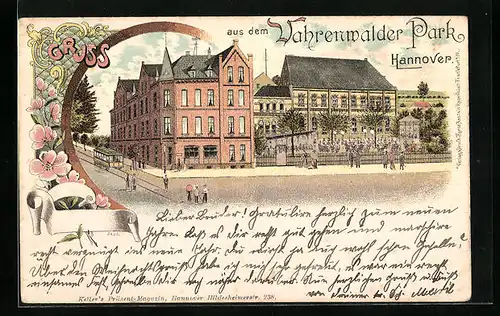 Lithographie Hannover, Gasthaus Vahrenwalder Park mit Strassenbahn