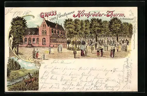 Lithographie Hannover, Gasthaus Forsthaus Kirchröder-Turm, Uferpartie mit Rehen