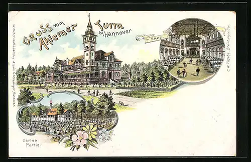 Lithographie Hannover, Gasthaus Ahlemer Turm, Inneres Saal, Gartenpartie