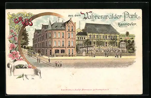 Lithographie Hannover, Gasthaus Vahrenwalder Park mit Strassenbahn