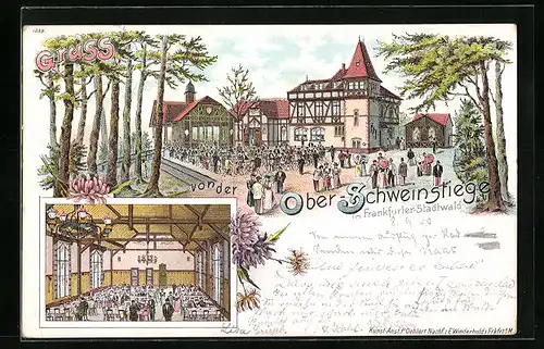 Lithographie Frankfurt-Sachsenhausen, Gasthaus Ober-Schweinstiege im Frankfurter Stadtwald, Innenansicht