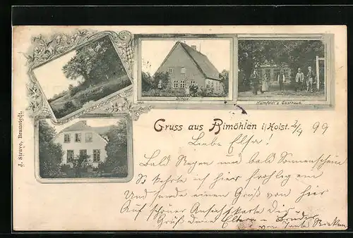 AK Bimöhlen i. Holst., Kumfeldt`s Gasthaus, Schule, Uferpartie