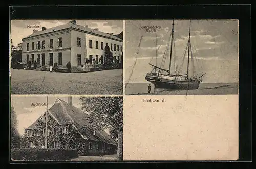 AK Hohwacht, Hotel Neudorf, Gasthaus Buchholz, Gestrandetes Schiff