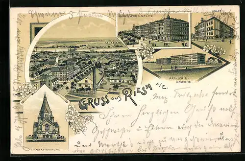 Lithographie Riesa a. E., Artillerie-Kaserne, Trinitatiskirche, Kaiser Wilhelmplatz