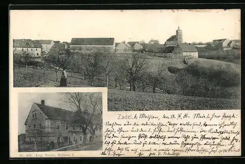 AK Zadel, Ansicht vom Gasthaus, Teilansicht mit Kirche
