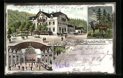 Lithographie Coswig i. S., Gasthaus Spitzgrundmühle, Innen- und Aussenansicht