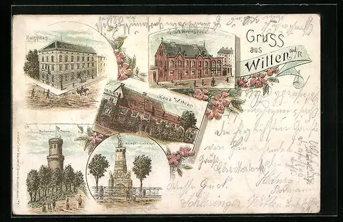 Lithographie Witten a. d. R., Ev.-luth. Vereinshaus, Rathaus, Kriegerdenkmal