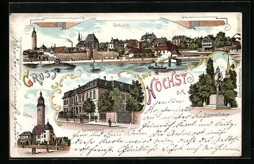 Lithographie Höchst a. M., Schloss, Kgl. Landrathsamt, Bismarck-Denkmal