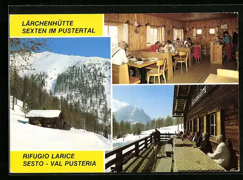 AK Sexten, Gasthaus Lärchenhütte im Schnee, Innenansicht, Balkon