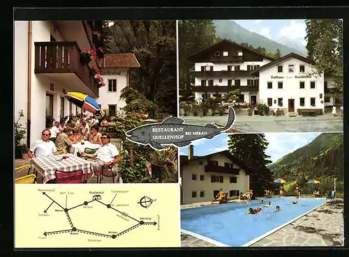 AK Saltaus bei Meran, Gasthof Quellenhof, Terrasse, Schwimmbecken