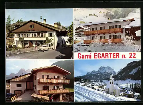 AK Sexten, Pension Garni Egarter im Sommer und im Winter, Ortspartie mit Kirche