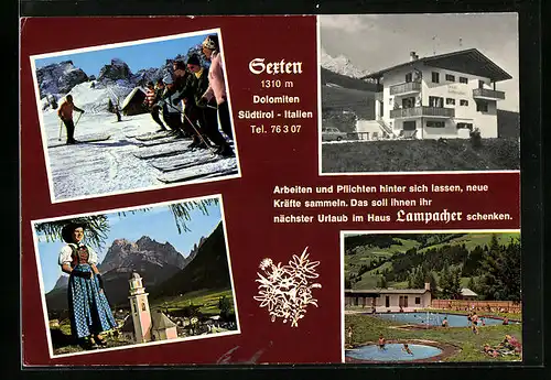 AK Sexten, Pension Haus Lampacher, Schwimmbacher, Ortspartie mit Kirche und Frau in Tracht