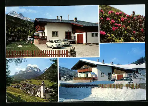 AK Sexten, Pensione Da Ernesto im Sommer und im Winter, Teilansicht mit Kirche