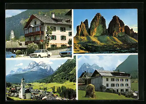 AK Sexten, Pension Garni Bergsteiger, Ortspartie, Teilansicht mit Kirche