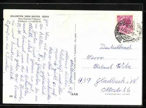 AK Sexten /Bozen, Pesnion Haus Siegfried Villgrater, Ortspartie, Teilansicht mit Kirche