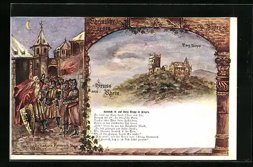 Künstler-AK Bingen, Heinrich IV. auf Burg Klopp, Burgen und Sagen