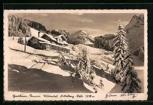 AK Mittelberg, Winterblick zur Gasthaus-Pension Wildental