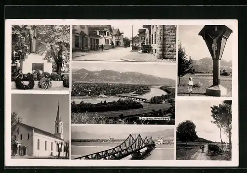 AK Lustenau, Totalansicht, Strasse, Denkmal und Kirche