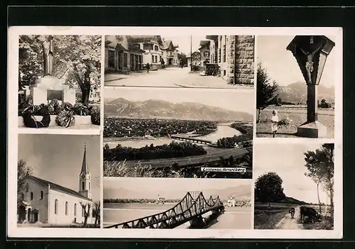 AK Lustenau, Panorama, Kirche, Strasse und Denkmal