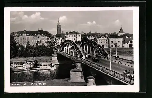 AK Minden i. W., Weserbrücke mit Stadtblick