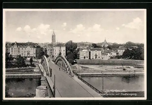 AK Minden i. W., Weserbrücke mit Stadteingang