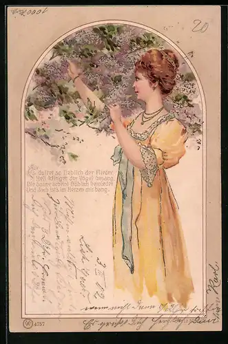 Lithographie Dame im gelben Kleid neben Blütenzweigen, Jugendstil