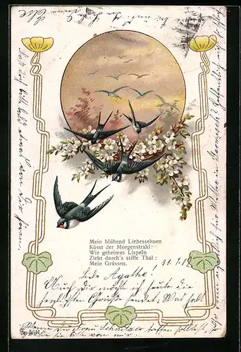 Lithographie Schwalben mit Blütenzweigen und Jugendstil-Dekor