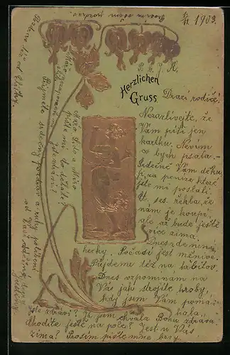 Präge-AK Dame im Kleid mit Herzblumen im Jugendstil