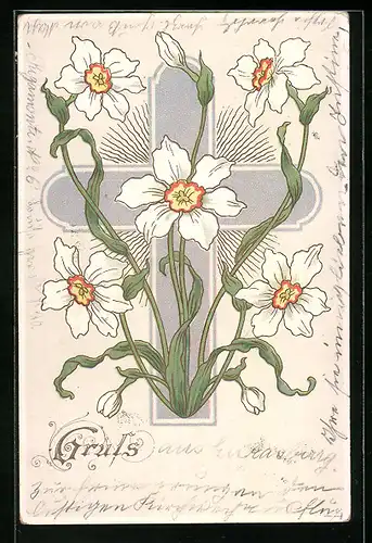 Lithographie Blumen in weisser Blüte, Jugendstil