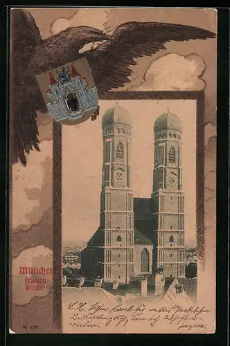 Passepartout-Lithographie München, Frauenkirche mit Wappen